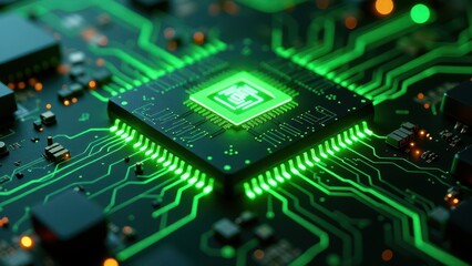 Obraz premium Close-up of glowing green microchip on circuit board technology 
