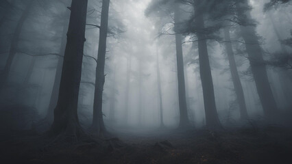 Misty morning sunlight filters through a foggy forest, illuminating ancient trees