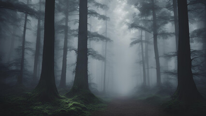 Enigmatic Forest Path: A mysterious and atmospheric photograph of a fog-laden path winding through a dense, dark forest. The scene evokes a sense of mystery and intrigue.