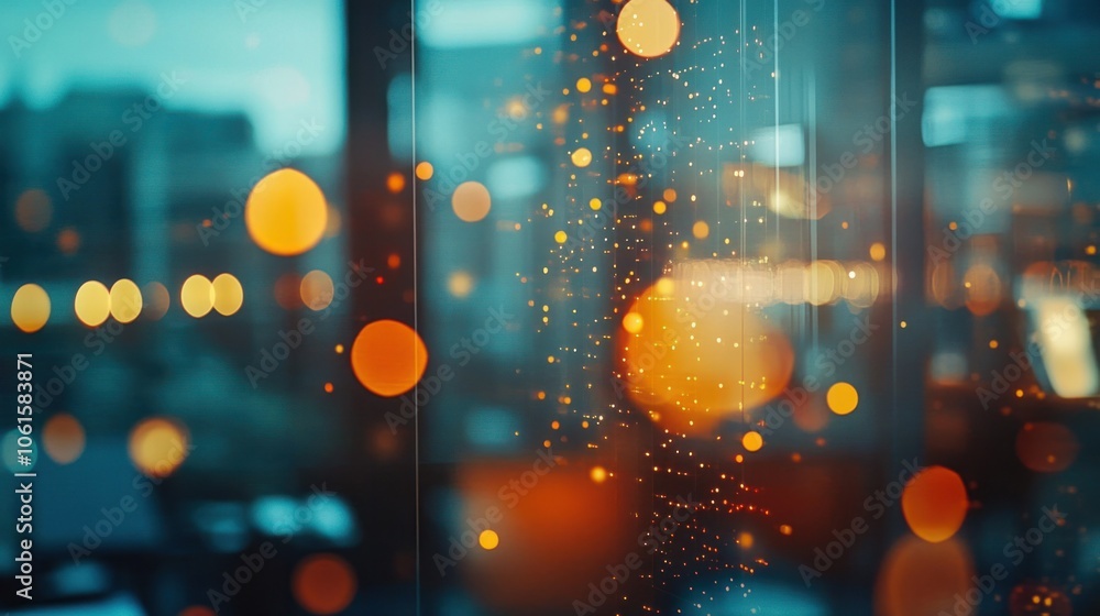 Poster blurred office lights and digital overlay of data points, creating a futuristic business atmosphere