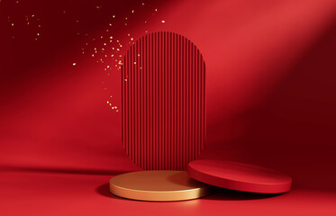 3D podium display. Red Christmas background. Winter, beauty product presentation. Gold confetti falling. New year pedestal showcase frame. 3D render mockup