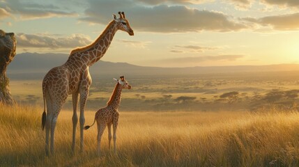 Obraz premium Charming baby giraffe standing beside its mother, with a vast African savannah stretching out in the background