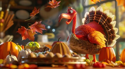 Toon thanksgiving turkey 8k realistic lighting background