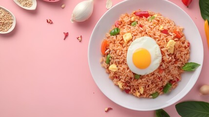 A plate of fried rice with a fried egg, surrounded by vegetables and seasonings on a pink background.