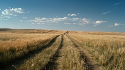 Obraz premium Golden fields stretch endlessly under a vast blue sky, evoking a sense of freedom and the untamed beauty of the open countryside.