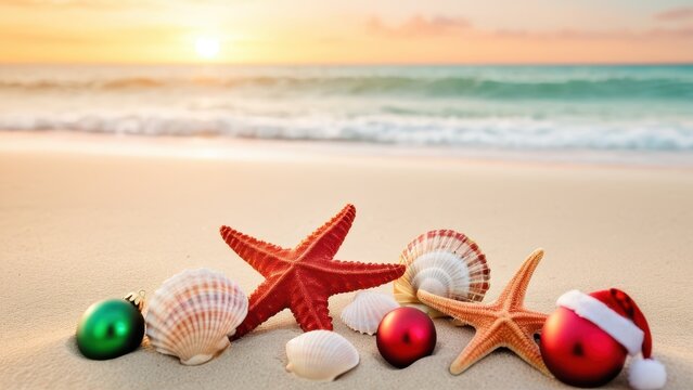 Christmas background with seashells, starfish, and holiday ornaments on a sandy beach at sunset, tropical holiday theme blending festive and coastal elements