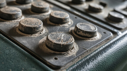 Close-up of dusty vintage control panel buttons showcasing worn textures and aged patina, evoking a sense of nostalgia and history.