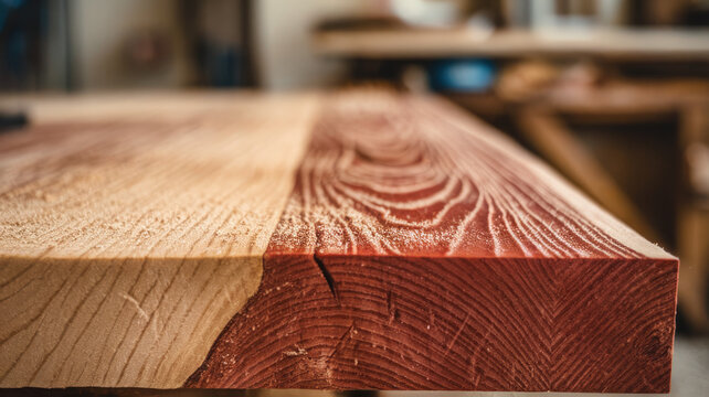 A close-up of a beautifully crafted wooden surface showcasing rich grain patterns and warm hues, evoking a rustic and artisanal feel in a workshop setting.