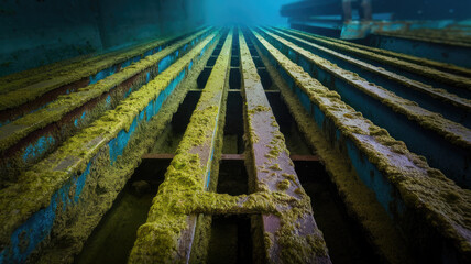 A vibrant underwater perspective showcasing rusty metal grates covered in green algae and marine life, creating a serene yet decaying vibe in the depths of a submerged structure.