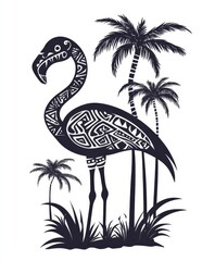 Geometric Flamingo Silhouette with Palm Trees - Tropical Bird Illustration