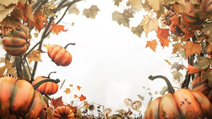 Watercolor autumn  frame with fall foliage and white background on thanksgiving