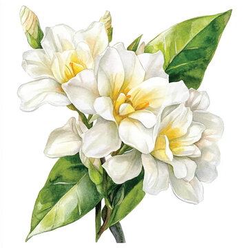 watercolor white gardenia flowers with green leaves clip art preview