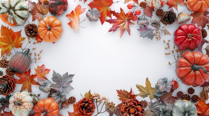 Watercolor autumn  frame with fall foliage and white background on thanksgiving