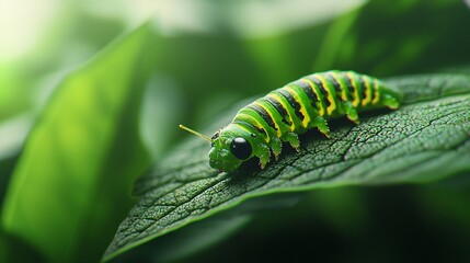 Fototapeta premium A vibrant caterpillar with green and black stripes rests on a lush green leaf, surrounded by nature's beauty.