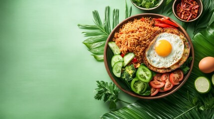 A plate of nasi goreng, an Indonesian fried rice dish, topped with a fried egg and served with fresh vegetables. The plate is surrounded by tropical leaves on a green background.