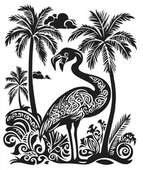 Flamingo Silhouette with Palm Trees - Tropical Bird Art Print