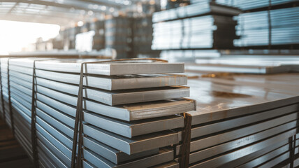 Stacks of steel sheets in a warehouse, reflecting strong industrial tones and a well-organized storage environment.