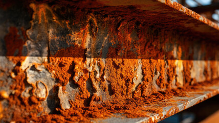 Close-up of a weathered metal surface showcasing deep orange rust and intricate textures, highlighting the effects of time and exposure.
