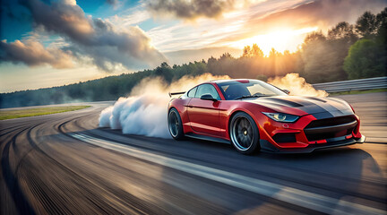 Red Sports Car Drifting at High Speed with Smoke Against a Sunset Sky and Tree Background