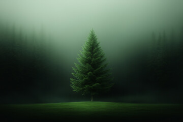 Lone Pine Tree in Mystical Foggy Forest

