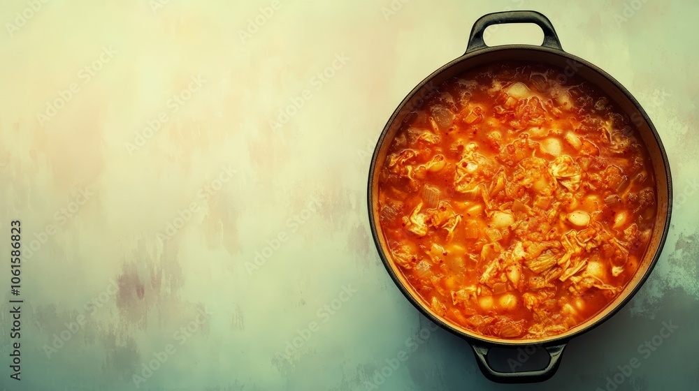 Poster a pot of red soup with white beans and shredded cabbage in a black pot on a white countertop with co