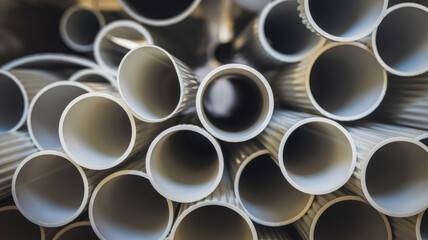 Close-up view of multiple cylindrical white pipes arranged in a circular formation, creating an abstract pattern. The smooth texture and lighting highlight the shapes.