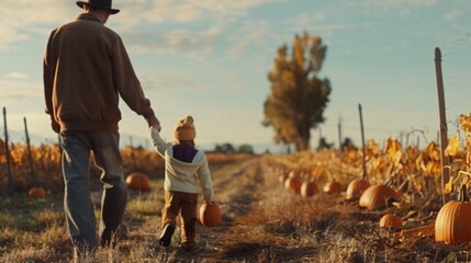 A man and child walk hand-in-hand through a pumpkin patch, surrounded by a golden autumn landscape, evoking nostalgia.