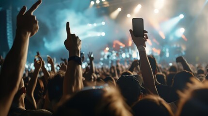 Music festival vibe with a euphoric crowd and mobile phones capturing the spectacle, highlighting a shared passion for live performances.