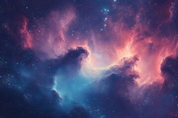 Obraz premium A vibrant nebula with pink and blue colors against a backdrop of scattered stars.
