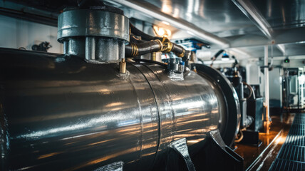 Close-up of a large metallic tank and pipes inside an industrial ship, showcasing intricate machinery and engineering for cargo transport.