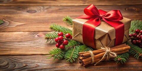 A gold gift box with a red bow sits on a rustic wooden surface, surrounded by festive greenery and cinnamon sticks, evoking the warmth and joy of the holiday season.