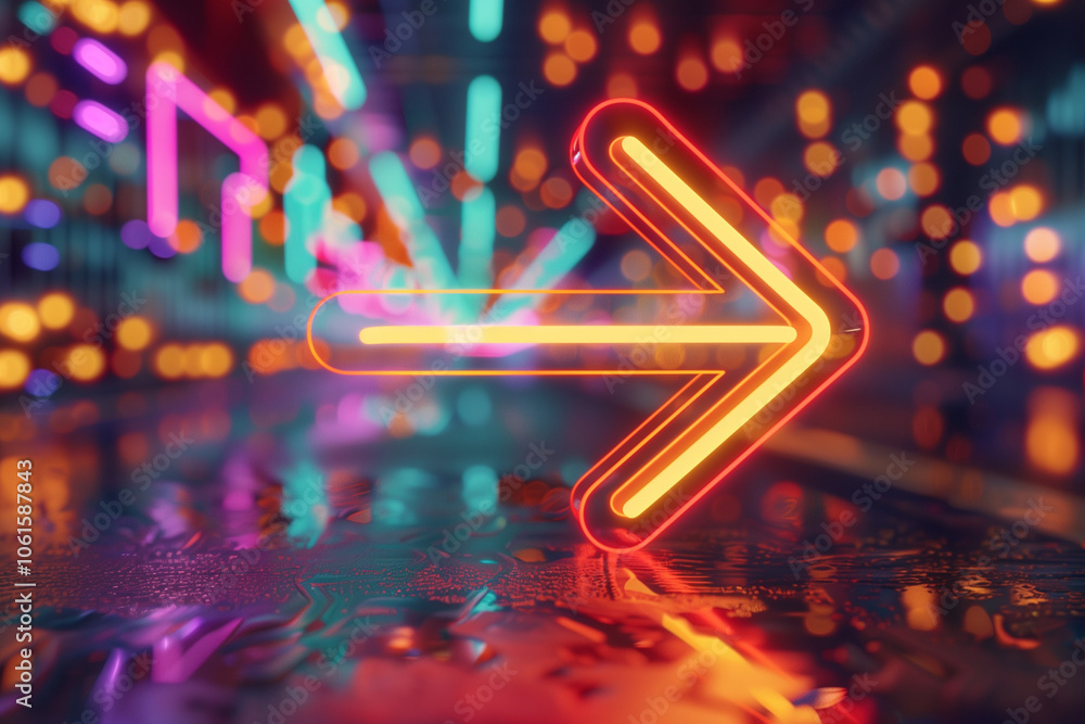 Poster 3d render, abstract neon arrow pointing right direction. telecommunication technology concept. glowi