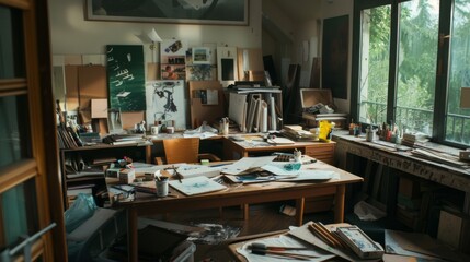Sunlight streams into a cluttered artist's studio, revealing sketchbooks, canvases, and brushes scattered across wooden tables, capturing creativity in motion.