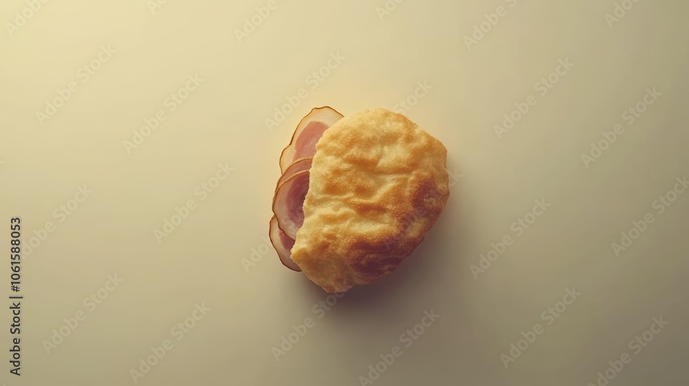 Poster a single, halved, toasted bread roll with three slices of ham inside. the roll and ham are on a ligh