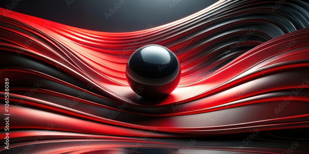 Poster a single black sphere resting on a wave of red and black flowing abstract lines