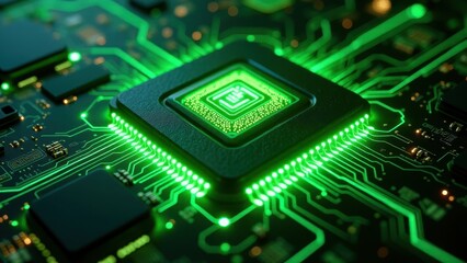 Close-up of illuminated green microchip on circuit board	