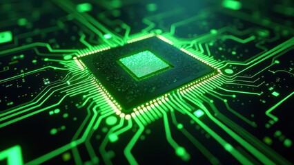 Close-up of illuminated green microchip on circuit board	