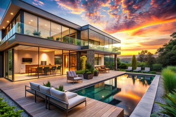 Fototapeta premium Modern Luxury House Exterior with Glass Windows, Elegant Patio, and Serene Outdoor Pool at Sunset