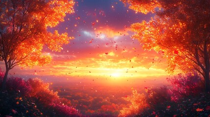 Naklejka premium Autumn sunset, A stunning sunset illuminating autumn trees, with sky colors transitioning from orange to purple