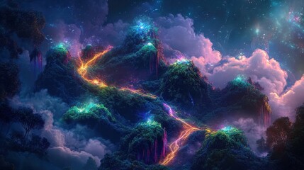A winding, glowing path leads through lush, green mountains floating amongst clouds and stars.