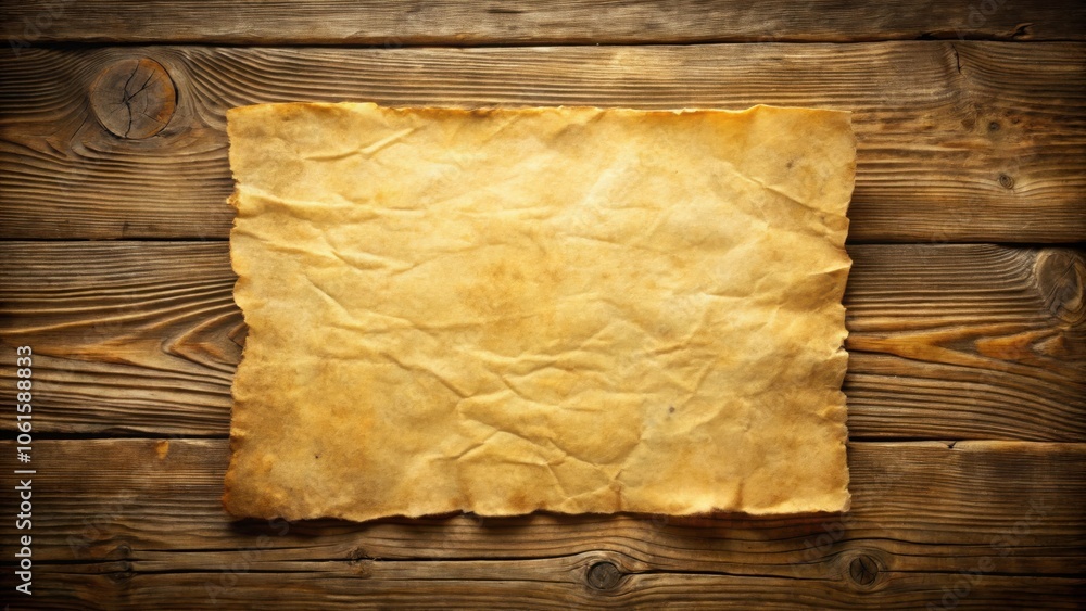 Poster a crumpled, aged parchment paper resting on a rustic wooden surface. it has an inviting blank space 