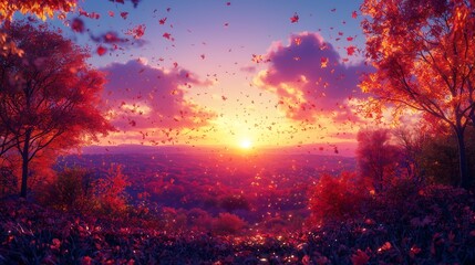 Fototapeta premium Autumn sunset, A stunning sunset illuminating autumn trees, with sky colors transitioning from orange to purple