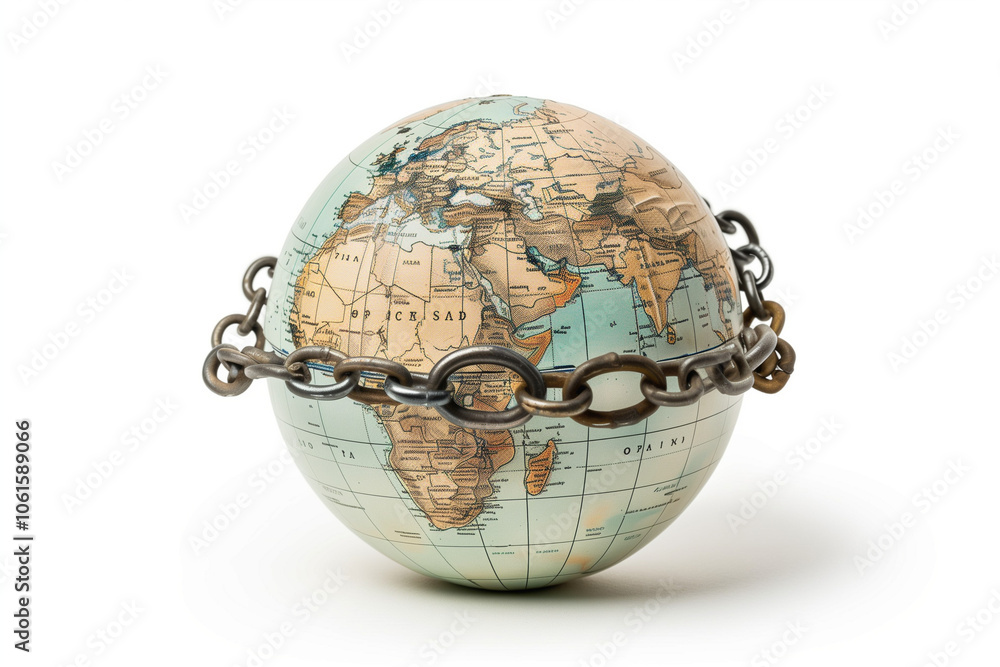 Poster chained globe model with padlock isolated on white