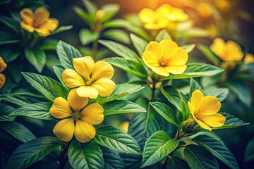 Fototapeta premium Fleur Turnera Ulmifolia vintage photography captures the beauty of nature, enchanting nature lovers and garden enthusiasts with its delicate charm and vibrant colors.