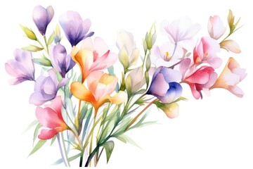 Fototapeta premium Cute pastel freesia flowers border painting petal plant.