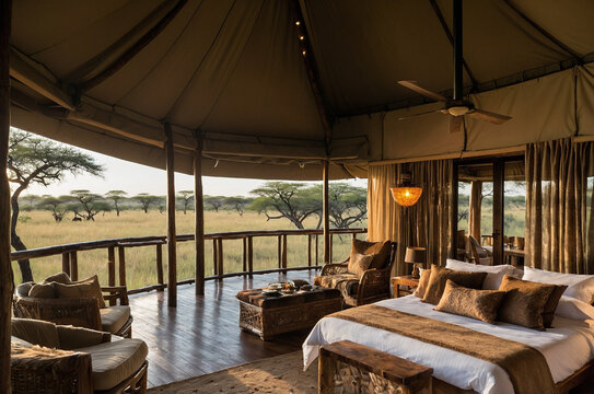 Fototapeta A high-end tented safari lodge featuring refined interiors, private decks, and panoramic views of wildlife
