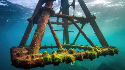 Naklejka premium An underwater view of a rusty ship anchor sitting on the ocean floor, covered in vibrant green algae, showcasing the beauty of marine history and nature's reclamation.