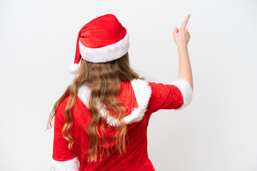 Young caucasian woman with Christmas dress isolated on white background pointing back with the index finger