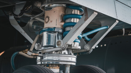 Close-up view of an aircraft's landing gear suspension system featuring metallic and rubber components with a dynamic blue spray paint finish.