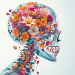 A vase with flowers and a vase with a picture of a human skull head